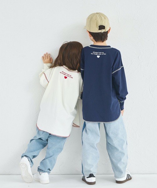 pairmanon(ペアマノン)の「【綿100%】ユニセックス 配色ステッチ ロング丈 長袖Tシャツ(Tシャツ/カットソー・キッズ・グリーン/ブルー/ライトピンク/ライトパープル/ピンク/ベージュ/ブラウン/ブラック/ネイビー/ホワイト・90/100/120/130/110/150/140)」の15枚目の写真