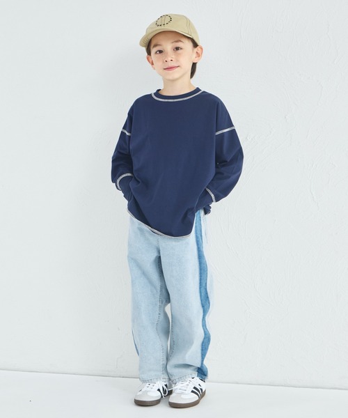 pairmanon(ペアマノン)の「【綿100%】ユニセックス 配色ステッチ ロング丈 長袖Tシャツ(Tシャツ/カットソー・キッズ・グリーン/ブルー/ライトピンク/ライトパープル/ピンク/ベージュ/ブラウン/ブラック/ネイビー/ホワイト・90/100/120/130/110/150/140)」の12枚目の写真