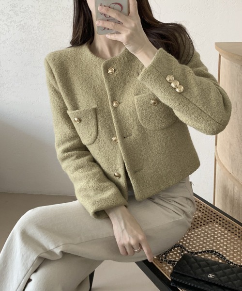 FREE STYLISTS(フリー スタイリスト)の「YUGA_YGMC ボタンツイードジャケット(テーラードジャケット・レディース・ブラック/ベビーピンク/オリーブ/ライトブルー/ホワイト・FREE)」の9枚目の写真