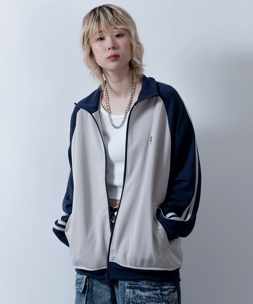 セール】raglan sleeves embroidery side line track jacket