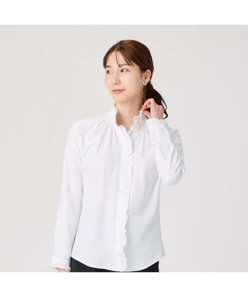 TOKYO SHIRTS(トウキョウシャツ)の「【吸水速乾】【COFREX】スタンドゴムシャーリング 長袖 レディースデザインシャツ(シャツ/ブラウス・レディース・ホワイト・S/M/L/LL/XL)」の1枚目の写真