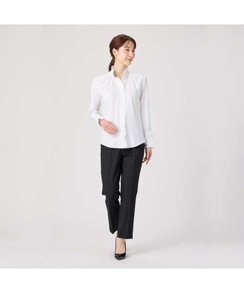 TOKYO SHIRTS(トウキョウシャツ)の「【吸水速乾】【COFREX】スタンドゴムシャーリング 長袖 レディースデザインシャツ(シャツ/ブラウス・レディース・ホワイト・S/M/L/LL/XL)」の3枚目の写真