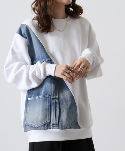 新品 タグ付き 切り替え デニム スウェット トレーナー ファーリーレート M トレーナー スウェット 「HOOK」個性派・デニム切り替え