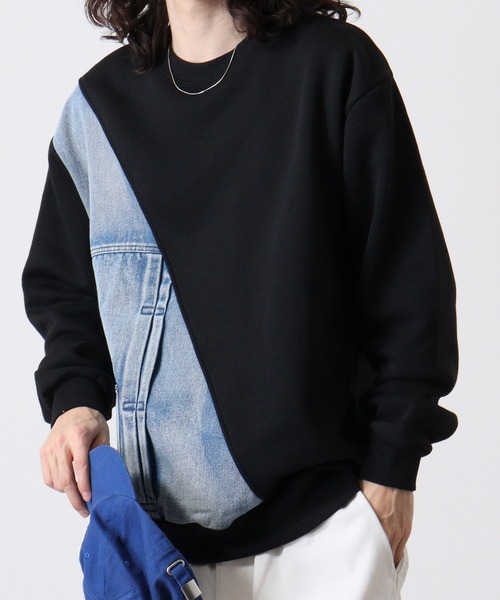 新品 タグ付き 切り替え デニム スウェット トレーナー ファーリーレート M セール】in the attic デニム切り替え ポケット付き トレーナー