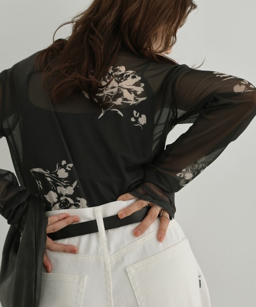 セール】フラワープリントシアー長袖トップス（シャツ/ブラウス