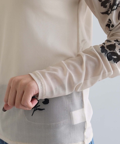 セール】フラワープリントシアー長袖トップス（シャツ/ブラウス