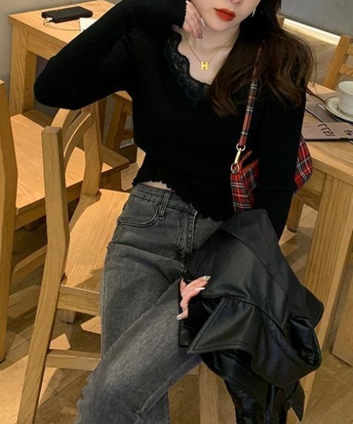 SHEPP(シープ)の「レース付きVネックリブロンT(Tシャツ/カットソー・レディース・グレー/アイボリー/ブラック/ホワイト・F)」の13枚目の写真