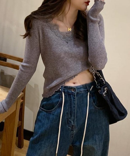 SHEPP(シープ)の「レース付きVネックリブロンT(Tシャツ/カットソー・レディース・グレー/アイボリー/ブラック/ホワイト・F)」の17枚目の写真