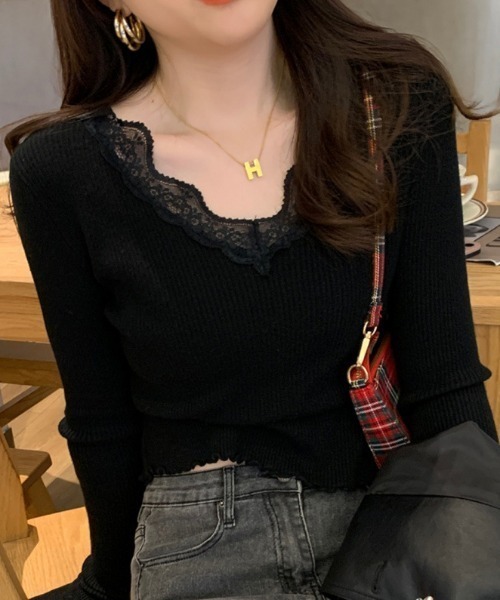 SHEPP(シープ)の「レース付きVネックリブロンT(Tシャツ/カットソー・レディース・グレー/アイボリー/ブラック/ホワイト・F)」の12枚目の写真