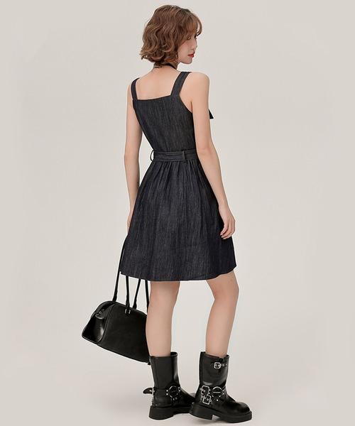 c.u.l(シーユーエル)の「ウエストリボン付き デニムサロペットミニスカートGH25s011 【Girlyhalo】(ワンピース・レディース・ブルー・M/L/S)」の7枚目の写真