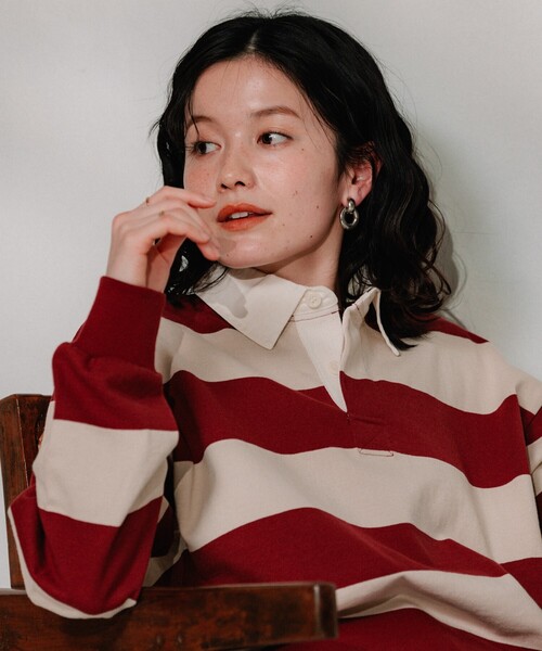 FREAK'S STORE（フリークスストア）の「ラガーシャツ / ポロトップス（Tシャツ/カットソー・レディース・ライトグレー/オフホワイト・ﾌﾘ-）」の2枚目の写真