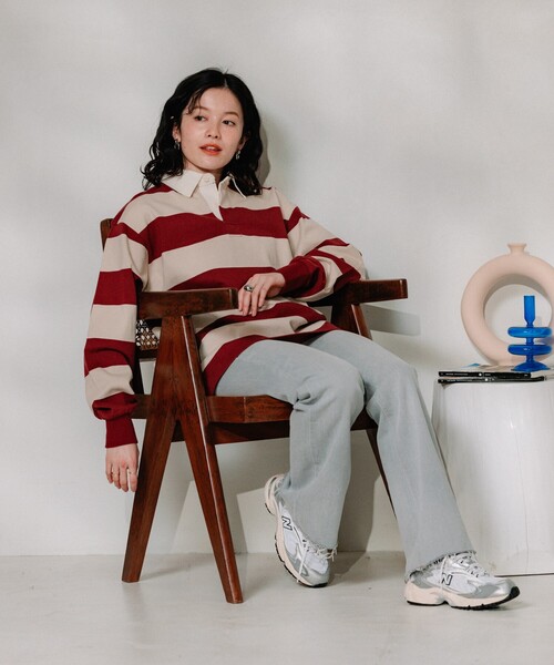FREAK'S STORE（フリークスストア）の「ラガーシャツ / ポロトップス（Tシャツ/カットソー・レディース・ライトグレー/オフホワイト・ﾌﾘ-）」の3枚目の写真
