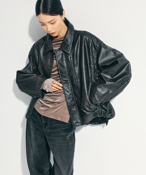 STUDIOUS(ステュディオス)の「【STUDIOUS/ステュディオス】Faux Leather Stand Collar Blouson/フェイクレザースタンドカラーブルゾン(ブルゾン・レディース・ブラウン/ブラック・FREE)」の8枚目の写真