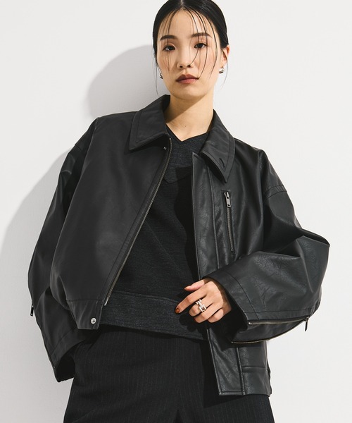 Elegante♡ブルゾン 黒 S SLY（スライ）の「FAUX LEATHER ZIP UP BZ フォー レザー ジップ