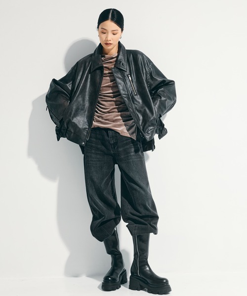 STUDIOUS(ステュディオス)の「【STUDIOUS/ステュディオス】Faux Leather Stand Collar Blouson/フェイクレザースタンドカラーブルゾン(ブルゾン・レディース・ブラウン/ブラック・FREE)」の4枚目の写真