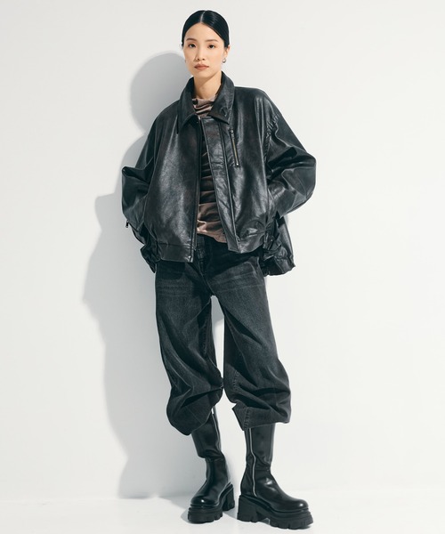 STUDIOUS(ステュディオス)の「【STUDIOUS/ステュディオス】Faux Leather Stand Collar Blouson/フェイクレザースタンドカラーブルゾン(ブルゾン・レディース・ブラウン/ブラック・FREE)」の6枚目の写真