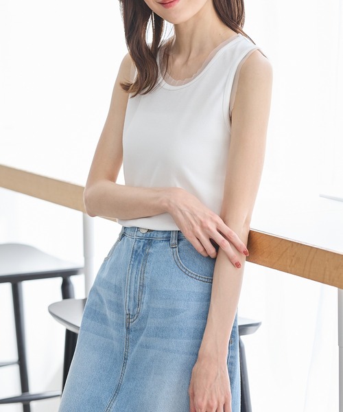 Honeys（ハニーズ）の「【ＵＶカット】チュール使いタンクトップ（タンクトップ・レディース・ホワイト/ライム/ブラック/ライトベージュ・L/LL/M/S）」の2枚目の写真