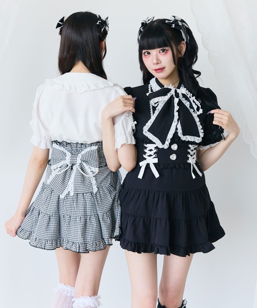 DearMyLove(ディアマイラブ)の「レースアップリボンパールティアードスカート(スカート・レディース・ボルドー/ピンク/ブラック系その他/ブルーグレー/ブラック・LARGE/MEDIUM/SMALL/3L/LL)」の2枚目の写真