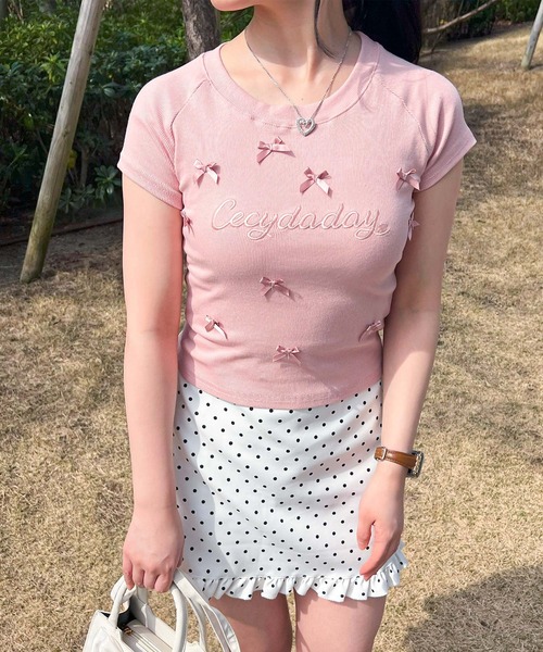 frunco（フランコ）の「リボン付きクロップドTシャツ（Tシャツ/カットソー・レディース・ホワイト/ピンク/ブラック・FREE）」の3枚目の写真