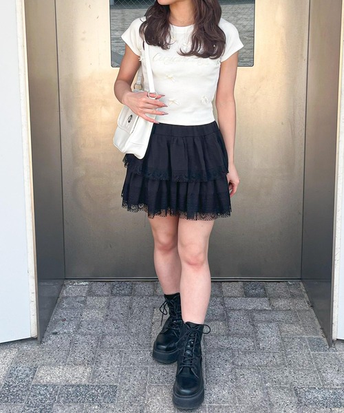 frunco（フランコ）の「リボン付きクロップドTシャツ（Tシャツ/カットソー・レディース・ホワイト/ピンク/ブラック・FREE）」の6枚目の写真