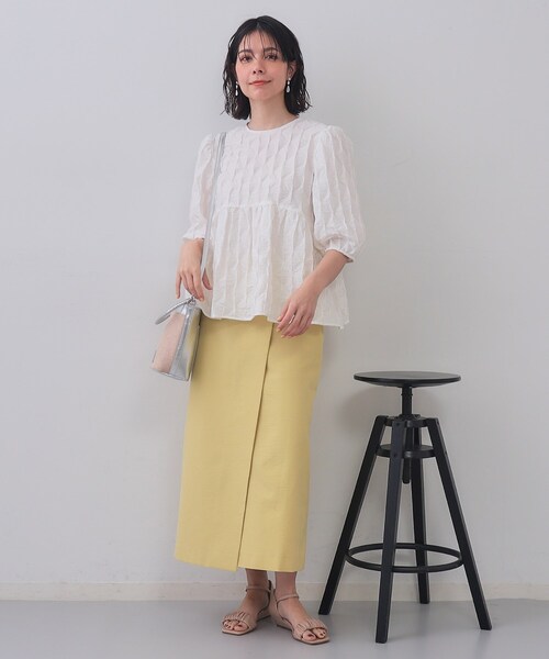 OPAQUE.CLIP（オペークドットクリップ）の「ラップ風ナロースカート【洗濯機洗い可】（スカート・レディース・イエロー系その他/ネイビー・38/40）」の4枚目の写真