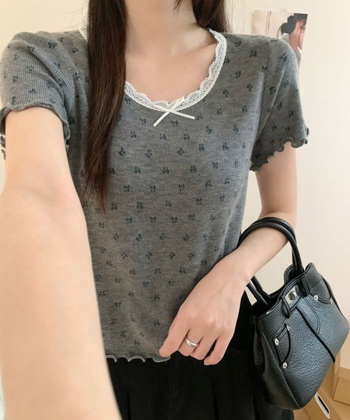 aimoha(アイモハ)の「リボンドット柄半袖トップス カットソー レース襟 (SS)(Tシャツ/カットソー・レディース・グレー/ブルー/ブラック/ベージュ・FREE)」の3枚目の写真
