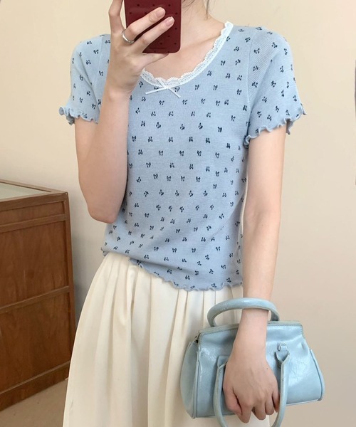 aimoha(アイモハ)の「リボンドット柄半袖トップス カットソー レース襟 (SS)(Tシャツ/カットソー・レディース・グレー/ブルー/ブラック/ベージュ・FREE)」の1枚目の写真