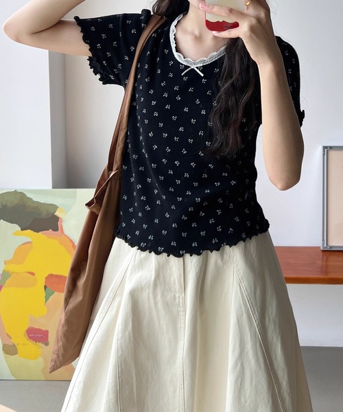 aimoha(アイモハ)の「リボンドット柄半袖トップス カットソー レース襟 (SS)(Tシャツ/カットソー・レディース・グレー/ブルー/ブラック/ベージュ・FREE)」の2枚目の写真