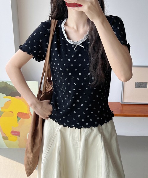 aimoha(アイモハ)の「リボンドット柄半袖トップス カットソー レース襟 (SS)(Tシャツ/カットソー・レディース・グレー/ブルー/ブラック/ベージュ・FREE)」の11枚目の写真