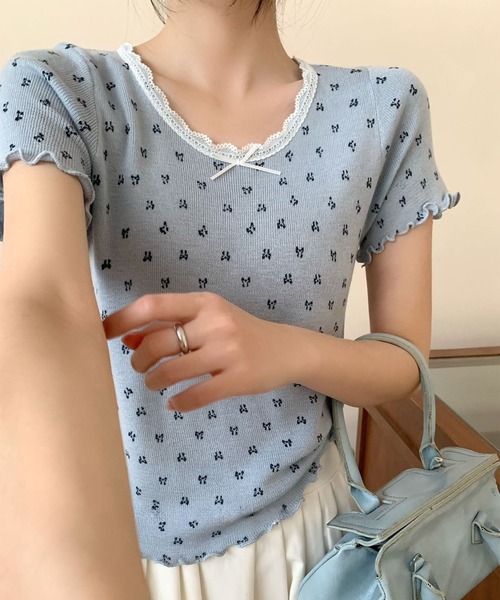 aimoha(アイモハ)の「リボンドット柄半袖トップス カットソー レース襟 (SS)(Tシャツ/カットソー・レディース・グレー/ブルー/ブラック/ベージュ・FREE)」の15枚目の写真