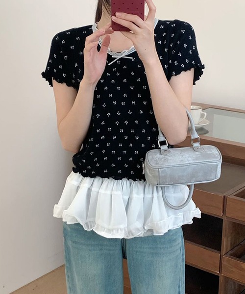 aimoha(アイモハ)の「リボンドット柄半袖トップス カットソー レース襟 (SS)(Tシャツ/カットソー・レディース・グレー/ブルー/ブラック/ベージュ・FREE)」の13枚目の写真