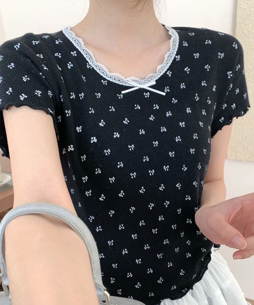 aimoha(アイモハ)の「リボンドット柄半袖トップス カットソー レース襟 (SS)(Tシャツ/カットソー・レディース・グレー/ブルー/ブラック/ベージュ・FREE)」の10枚目の写真