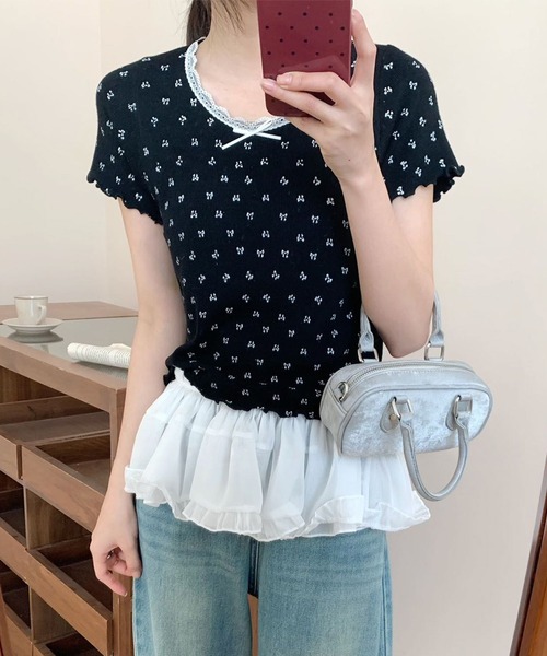 aimoha(アイモハ)の「リボンドット柄半袖トップス カットソー レース襟 (SS)(Tシャツ/カットソー・レディース・グレー/ブルー/ブラック/ベージュ・FREE)」の12枚目の写真