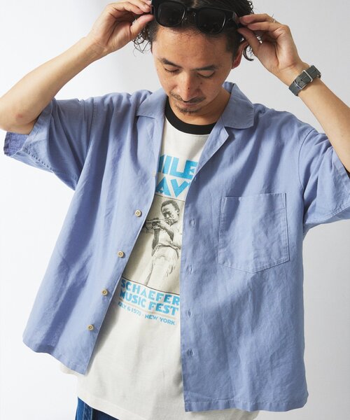 JOURNAL STANDARD relume（ジャーナルスタンダード　レリューム）の「ヨーロピアンフラックス ガーメントダイ オープンカラーシャツ（シャツ/ブラウス・メンズ・ブラックミックス/オートミール/カーキ/ブルー系その他・MEDIUM/LARGE）」の4枚目の写真