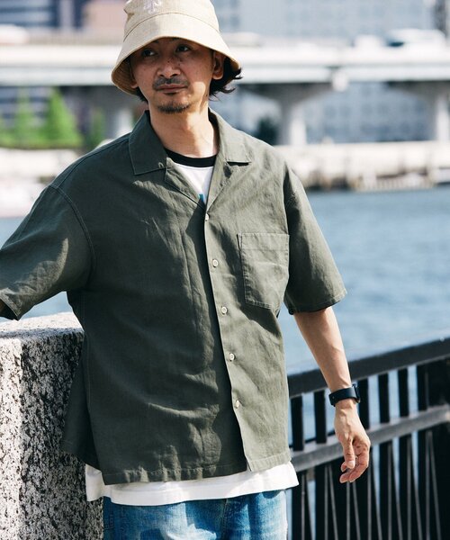 JOURNAL STANDARD relume（ジャーナルスタンダード　レリューム）の「ヨーロピアンフラックス ガーメントダイ オープンカラーシャツ（シャツ/ブラウス・メンズ・ブラックミックス/オートミール/カーキ/ブルー系その他・MEDIUM/LARGE）」の13枚目の写真