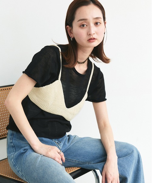 ad thie(アドティエ)の「ビスチェレイヤード サマーニットセット(Tシャツ/カットソー・レディース・オートミール/イエロー/ナチュラル/ブラック/ライトブルー・FREE)」の1枚目の写真