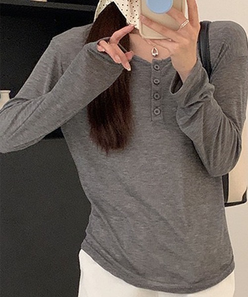 セール】ヘンリーネック長袖トップス（Tシャツ/カットソー
