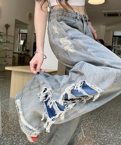 ワイドデニムパンツ M~XL クラッシュ マルチポケット ◇マルチポケット ワイドデニム カーゴパンツ◇gt-200-402032