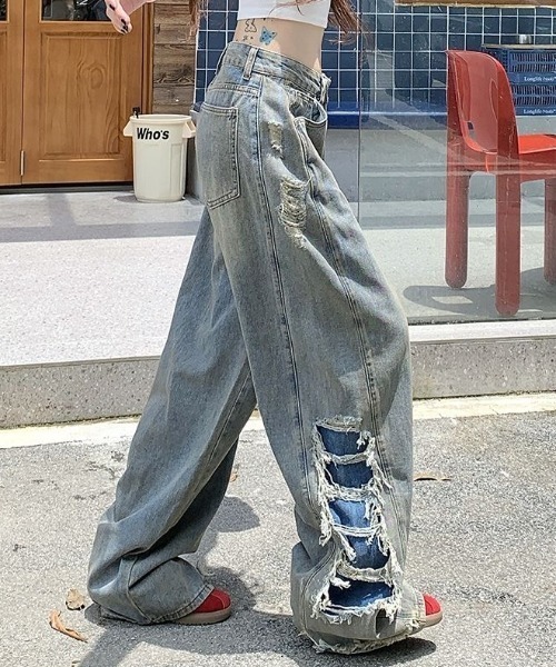 ミニデニムパンツ✨夏デートにピッタリ♥️スタイル爆盛り セール】レイヤードクラッシュワイドデニムパンツ（デニムパンツ