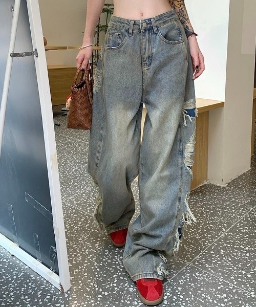 セール】レイヤードクラッシュワイドデニムパンツ（デニムパンツ