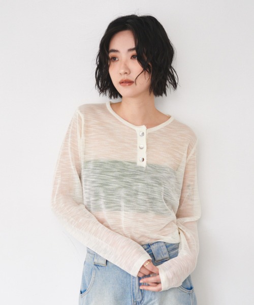 tシャツ ヘンリーネックシアーカットソー レディース ヘンリーネックシアートップス（Tシャツ/カットソー）｜hellam