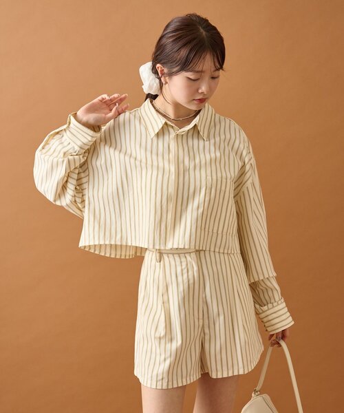 mystic（ミスティック）の「ストライプショートシャツ（シャツ/ブラウス・レディース・アイボリー/ブラック/ネイビー/ベージュ・FREE）」の5枚目の写真