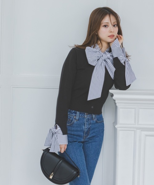 SNIDEL(スナイデル)の「ボウタイドッキングニットプルオーバー(ニット/セーター・レディース・ネイビー/グレー/ブラック・F)」の7枚目の写真