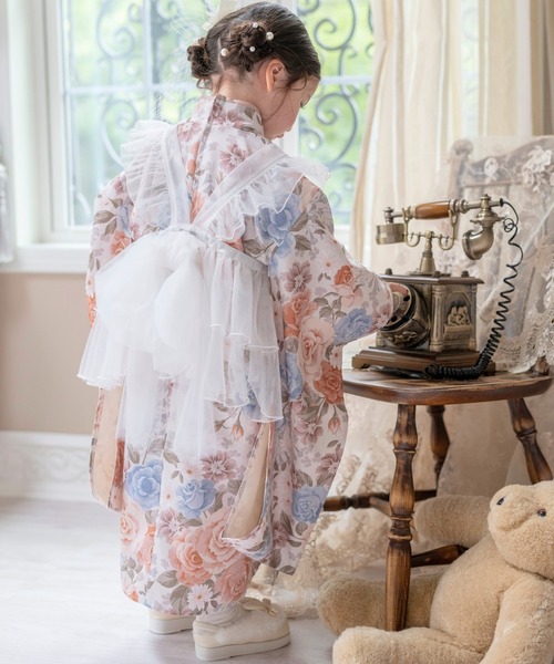 セール】チュールフリルエプロン＆着物ワンピースセット（着物