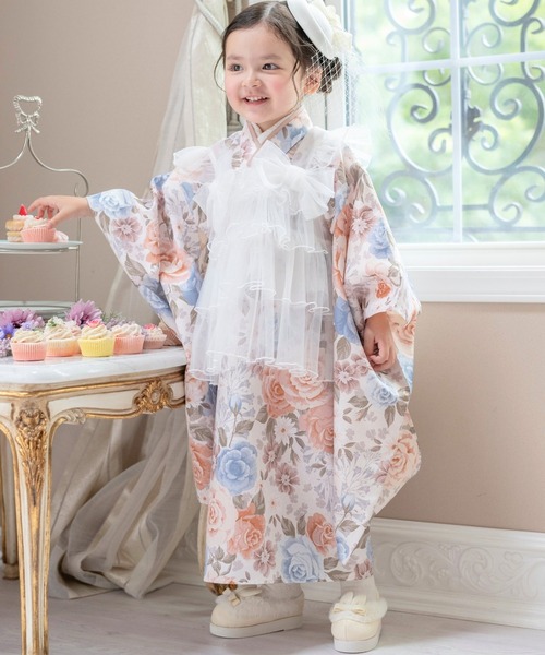 セール】チュールフリルエプロン＆着物ワンピースセット（着物