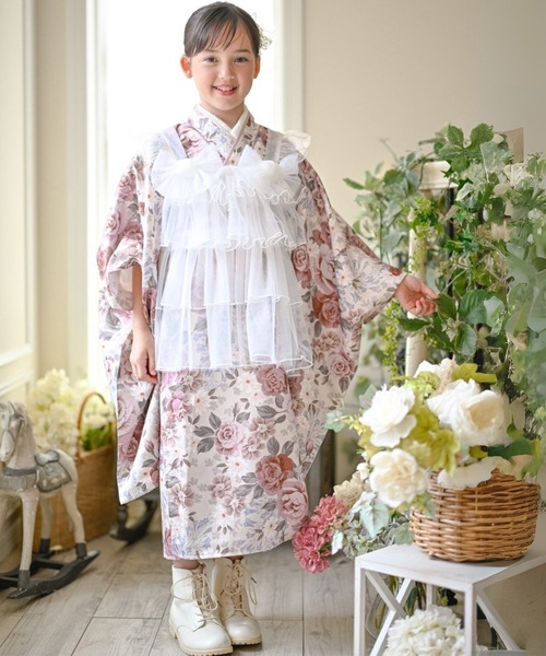 セール】チュールフリルエプロン＆着物ワンピースセット（着物