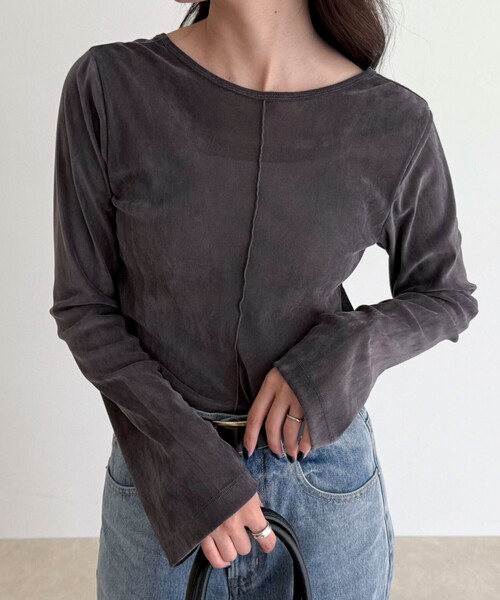 fredy emue（フレディエミュ）の「シアーフロッキーフレアスリーブプルオーバー（Tシャツ/カットソー・レディース・オフホワイト/チャコールグレー/ブラウン・38）」の3枚目の写真