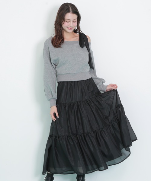 JILL by JILL STUART(ジルバイジルスチュアート)の「◇肩リボンスウェットセットアップ(ワンピース・レディース・グレー/ブラック・FREE)」の2枚目の写真