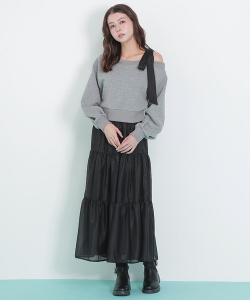 JILL by JILL STUART(ジルバイジルスチュアート)の「◇肩リボンスウェットセットアップ(ワンピース・レディース・グレー/ブラック・FREE)」の7枚目の写真