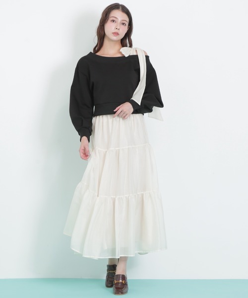 JILL by JILL STUART(ジルバイジルスチュアート)の「◇肩リボンスウェットセットアップ(ワンピース・レディース・グレー/ブラック・FREE)」の4枚目の写真